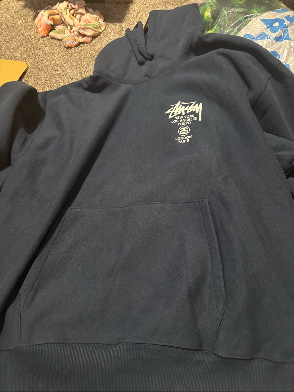 Stussy Navy Pullover Hoodie with White Chest Logo